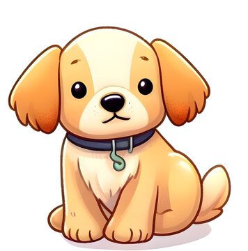 A cartoon puppy wearing a red collar and sitting on a white background. The puppy is brown and white with big brown eyes and a happy expression on its face. Its tail is wagging.