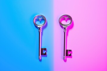 pair of keys with neon light. AI Generated
