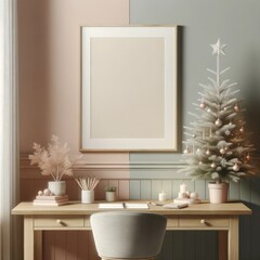 An eclectic workspace comes to life with a festive twist as a mockup picture frame hangs on the wall, surrounded by a lush christmas tree, bringing the magic of the holidays into this cozy