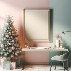 Surrounded by twinkling lights and festive decorations, a beautifully adorned christmas tree stands tall in a cozy room, adorned with a framed picture on the wall and a stack of presents to be opened