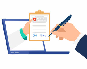Man putting e signature into a medical health insurance document paper man signing an agreement or health insurance paper online Digital signature.