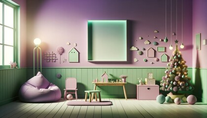 A festive christmas mockup featuring a cozy indoor room with a purple wall, a purple chair, and a table adorned with a picture frame and working accessories, beautifully decorated christmas tree
