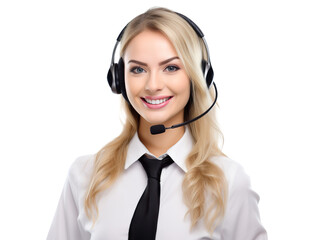 Smiling call center assistant wearing headset, cut out