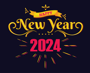 Happy New Year 2024 Abstract Yellow And Pink Logo Symbol Design Vector Illustration With Black Background