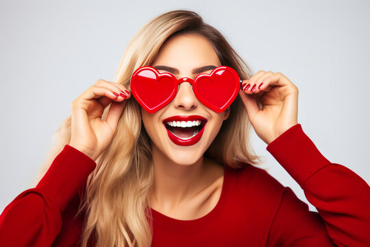 Blonde woman in red heart-shaped glasses, colorful, fun.