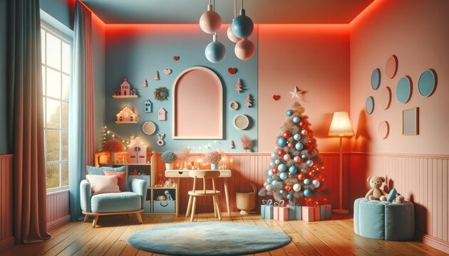 A cozy indoor room with a festive christmas tree and elegant furniture, adorned with twinkling lights and ornate ornaments, features a working table and a wall filled with mockup pictures and frames