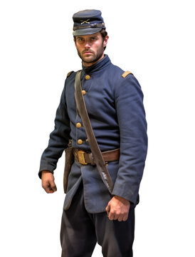 Civil war soldier -  Blue uniform - Transparent PNG background. Young handsome light colored hair. Colorized and restored old photography style. 
