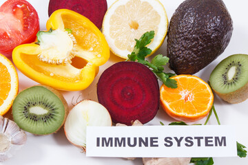 Inscription boost immunity and fresh fruits with vegetables. Source natural vitamins and minerals....