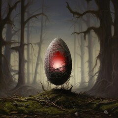 Ein leuchtendes Objekt in der Form eines Ei im dunkelen, nebligen Wald.