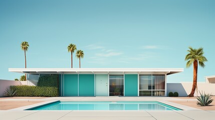 timeless elegance of a mid-century modern house, its architecture under the clear, blue sky