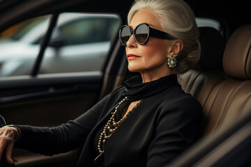 Business elderly lady in black stylish clothes and with jewelry driving a car, confident rich senior Caucasian woman driver in sunglasses - obrazy, fototapety, plakaty