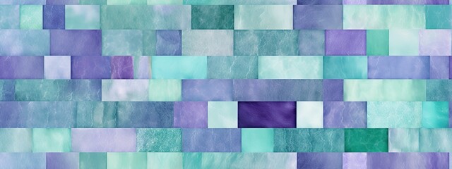 Seamless vintage lavender teal blue contemporary patchwork pattern surface design. Tileable retro glam violet mint green glass refraction rectangular mosaic bars background textile texture.