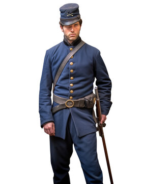 Civil war soldier -  Blue uniform - Transparent PNG background. Blue cap. Uniformed soldier. Colorized and restored old photography style. 