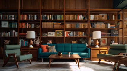 a mid-century-inspired library with wall-to-wall bookshelves and cozy reading nooks