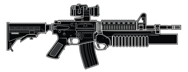 Vector drawing of an popular assault rifle with adjustable stock, optical sight and M203 grenade launcher on a white background. Black. Right side.