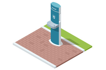 Isometric drinking water filling station, Refill, and Reusable bottle. Eco-friendly. Free public water bottle refill station. The eco filtration dispenser is a cooler and water fountain. Clean water