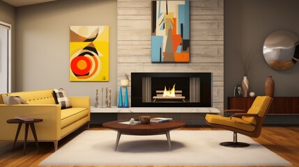 fireplace lounge with a striking mantel and mid-century artwork.