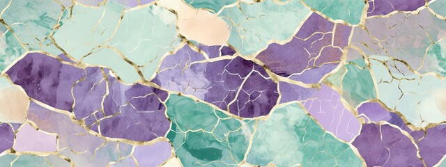 Seamless vintage lavender violet, lime teal contemporary kintsugi mosaic marble patchwork surface design pattern. Tileable abstract retro cracked mint green semiprecious stone background texture.