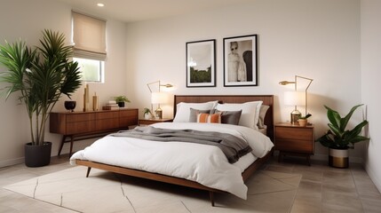 Fototapeta na wymiar a mid-century modern guest bedroom with a comfortable queen-sized bed and retro nightstands