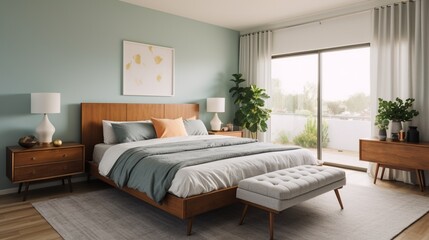 a mid-century modern guest bedroom with a comfortable queen-sized bed and retro nightstands