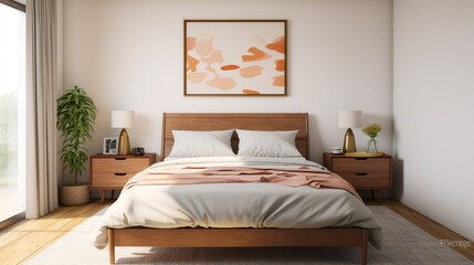 Fototapeta na wymiar a mid-century modern guest bedroom with a comfortable queen-sized bed and retro nightstands