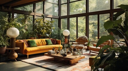 an inviting mid-century modern living room bathed in warm natural light. Showcase the timeless elegance of this era's design