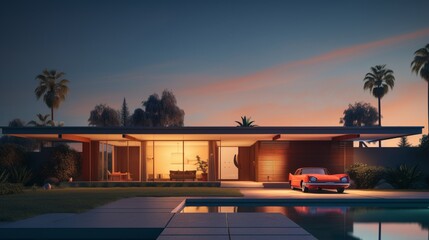  a mid-century modern house, its sleek lines and minimalist design perfectly framed in the evening light - obrazy, fototapety, plakaty