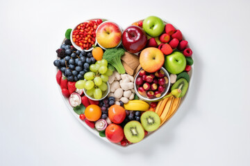 A vibrant heart-shaped platter filled with fresh fruits and vegetables for a colorful and healthy snack or meal. Perfect for those who prioritize nutrition and wellness. AI Generative. - obrazy, fototapety, plakaty