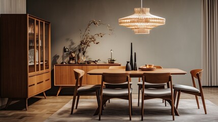 a sophisticated mid-century dining area with a statement chandelier and teak furniture