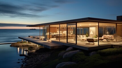 the essence of a mid-century modern home in a coastal setting, waves gently lapping at the nearby shore 