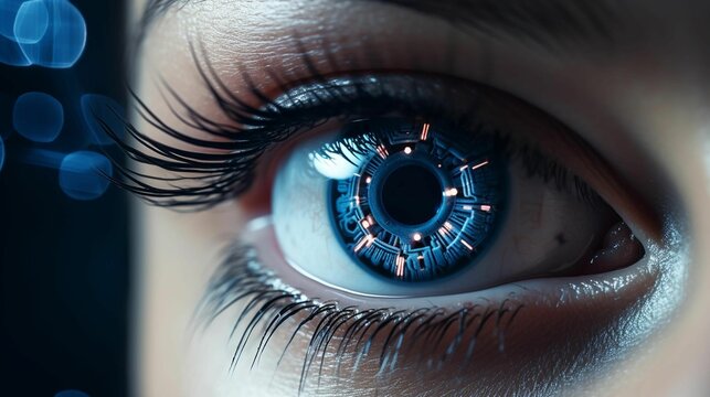 Closeup of a human eye featuring a deep blue iris, AI-generated.