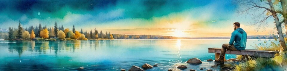 Obraz premium Watercolor banner man on the lake shore, place to insert text, background for your design 