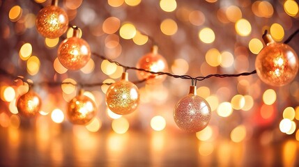 Christmas background with golden balls and bokeh defocused lights.
