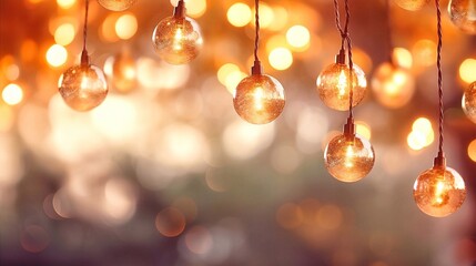 Golden Christmas light bulbs on bokeh background with copy space.