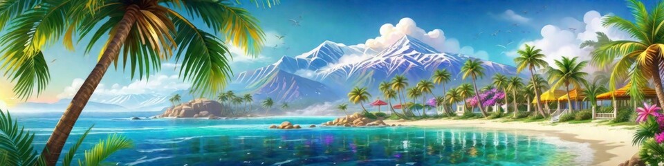 Fototapeta na wymiar Abstract banner bright fantasy panorama of a tropical beach on a mountain background
