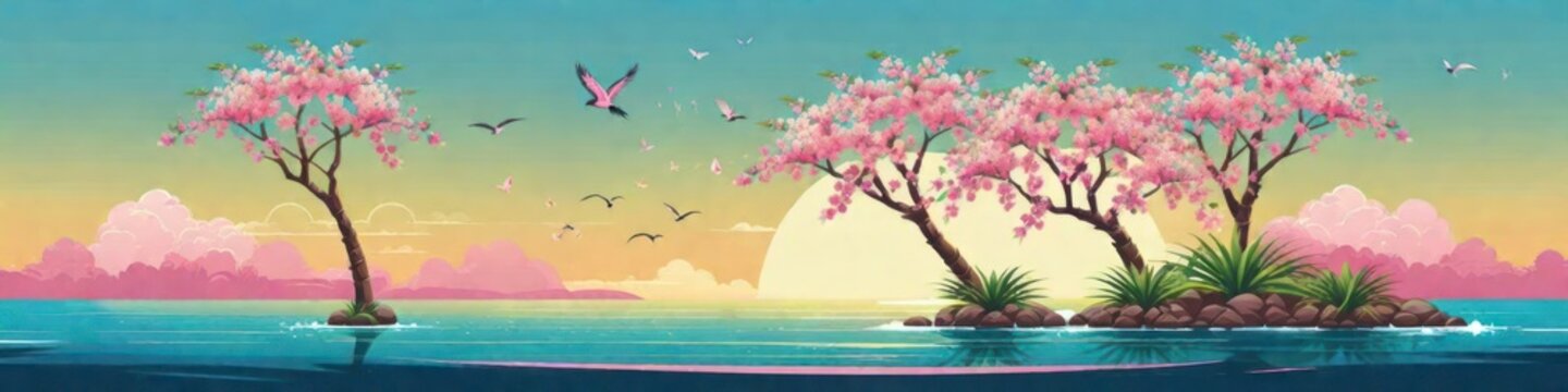 Banner fantasy spring blossoming trees on sea background, , concept Valentine's or birthday or Mother's Day or Women's Day.