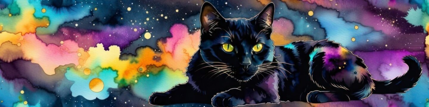 Banner black cat on bright watercolor background