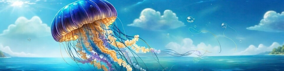Abstract banner jellyfish on blue sea background, place to insert text