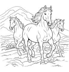 Horses running coloring pages - coloring book