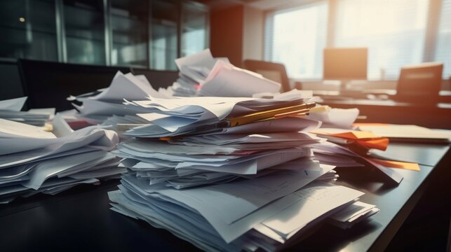 Messy office table with a lot of papers and documents on it
