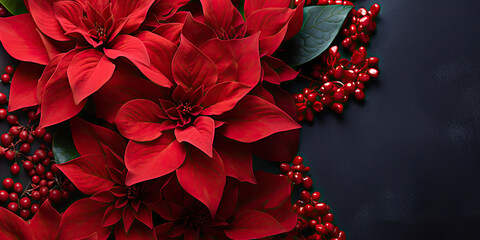 christmas bouquet with red poinsettia bloom with black copy space 
 - obrazy, fototapety, plakaty