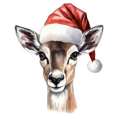 Impala antelope safari animal wearing a santa hat for Christmas, isolated transparent background 