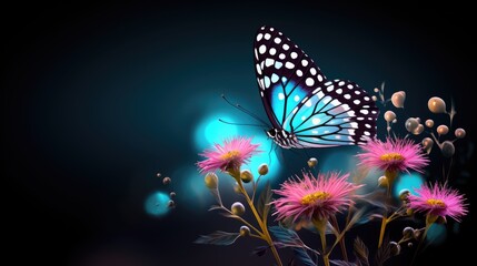 Fototapeta na wymiar a butterfly sitting on top of a pink flower next to a blue and white butterfly on top of a pink flower. generative ai