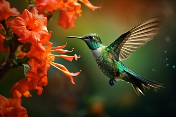 Hummingbird and flowers in tropical Costa Rica. Generative AI - obrazy, fototapety, plakaty