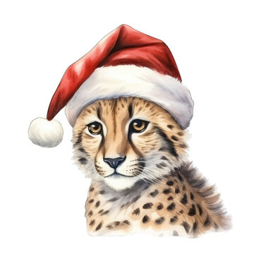 Cheetah safari animal wearing a santa hat for Christmas, isolated transparent background 