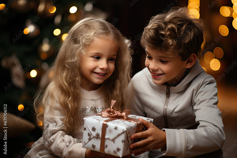 Sticker Merry Christmas and happy new year, happy children in pajamas  with Christmas gift near Christmas tree
