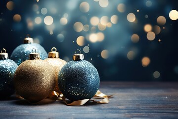 blue christmas balls with golden ornament banner , christmas blue background illustration 
