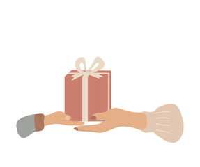 Woman hand giving a present to a child hand. Holiday gift box for kid in hands.