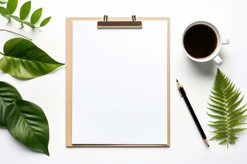 Top view office table with blank clip board, office supplies, pencil, green leaf, and coffee cup on white background. Generative AI