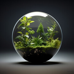 A hyper-realistic sphere depicting the Earth. In the sphere, there is soil from which light green sprouts are breaking out.